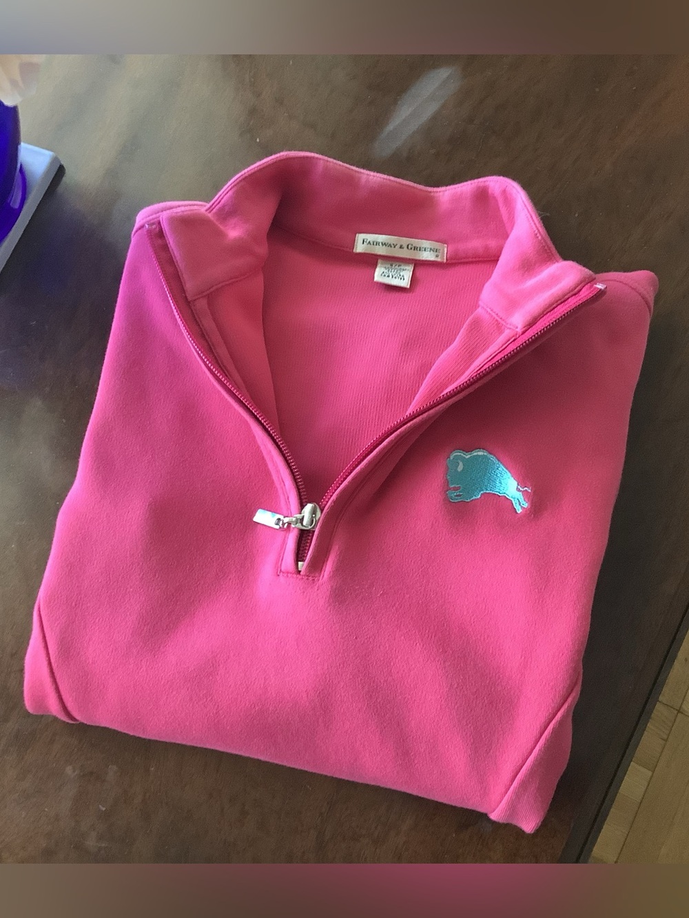 Fairway & Greene Pink Quarter-Zip Pullover with Teal Logo Women’s Sz Small